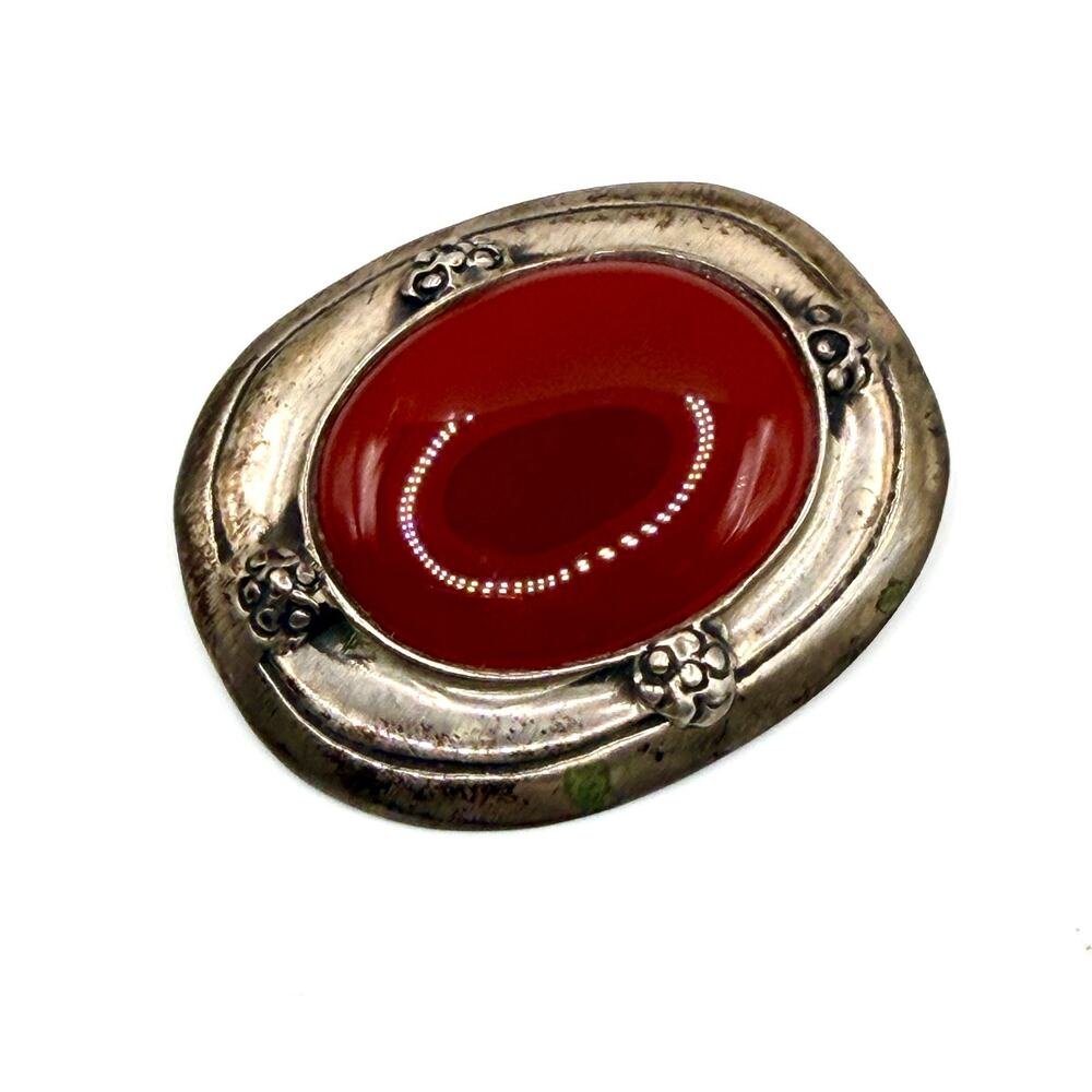 Vintage 60s Sterling Silver Carnelian Floral Frame Brooch